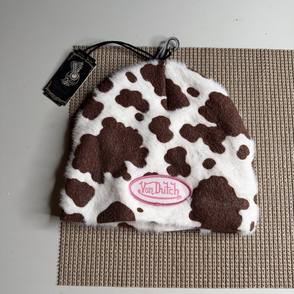 Von Dutch Faux Fur Cow Print Beanie Brown White Pink Logo NWT